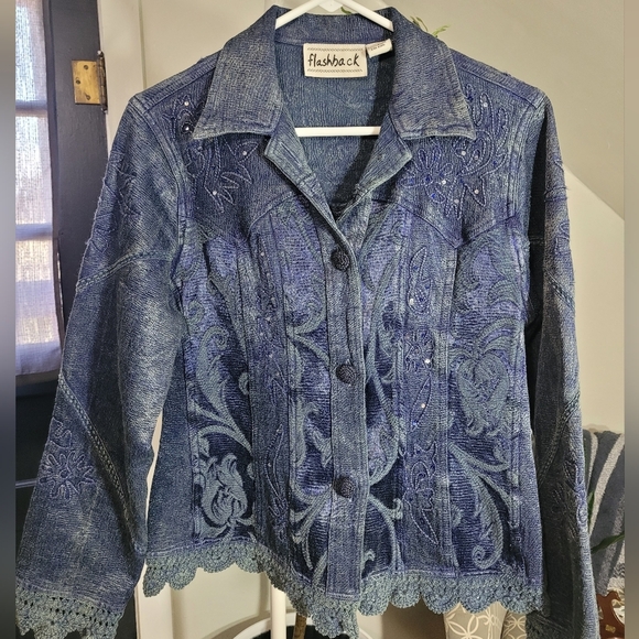 Flashback Couture Jackets & Blazers - Vintage Flashback Couture Stylish Metallic Blue Embroidered Jacket Boho Medium